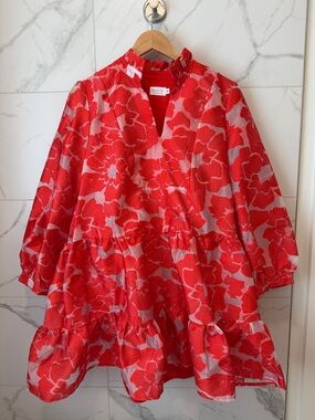 Red Floral Tiered Dress with Ruffle Neck